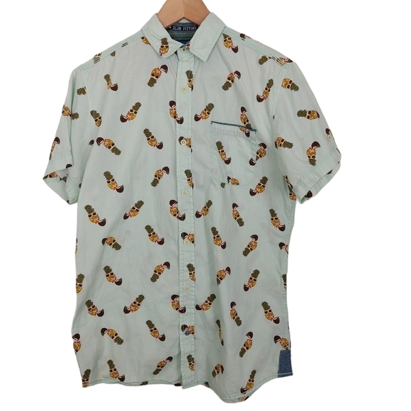 Good Vibes By Drill Shirt Slim Fit Button Down Short Sleeve Teal Pineapple Sz M. - Picture 1 of 8